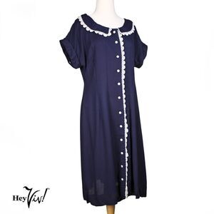 Vintage Lane Bryant Dress Navy Blue w White Lace Trim Size L B36 W34 - Hey Viv